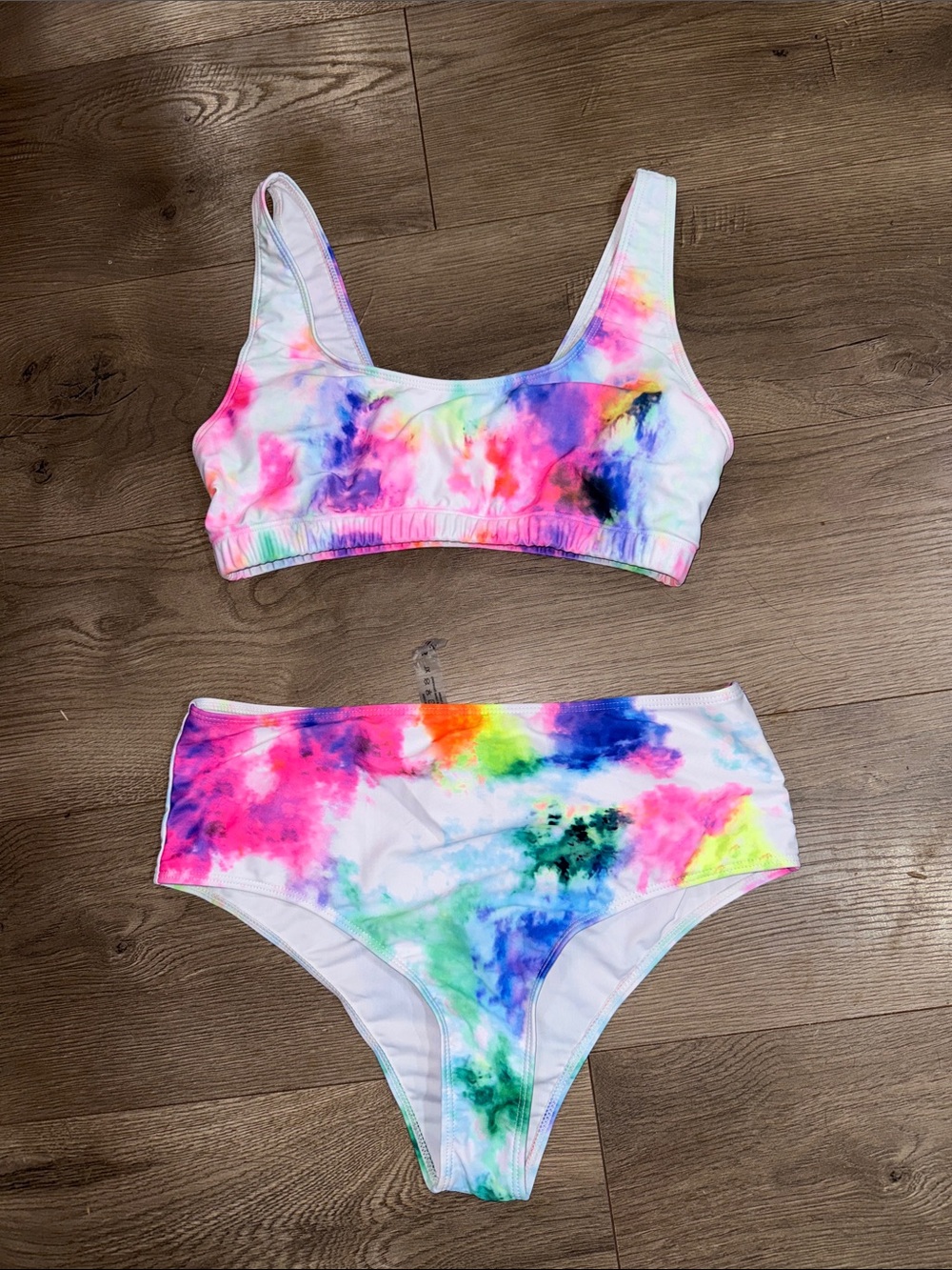 SHEIN Neon Tie-Dye Scoop Bikini Set - Pink Blue Green